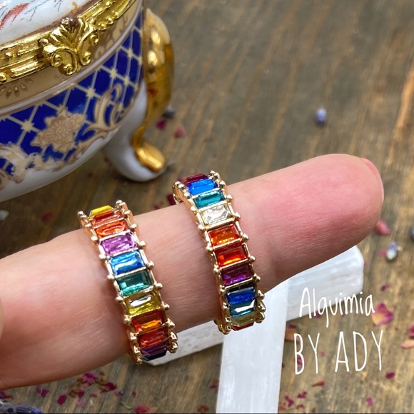 14k gold multicolor rainbow crystal gem dainty ring - Picture 2 of 3